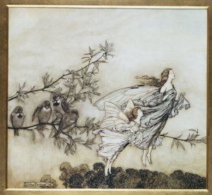 Les fées se disputent avec les oiseaux, illustration de 1906 pour Peter Pan dans les jardins de Kensington par J.M. Barrie, pub. 1906