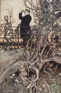 Les jardins de Kensington sont à Londres, où vit le roi..." de Peter Pan dans les jardins de Kensington par J M Barrie (1860 - 1937), pub. 1906 - Arthur Rackham