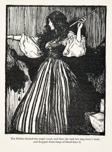 La jeune fille alla chercher la baguette magique, puis elle prit la tête de ses demi-sœurs et fit tomber trois gouttes de sang, des Contes de fées des frères Grimm, pub. 1909