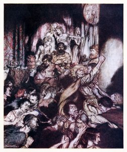 La salle de banquet était en tumulte de La petite bagarre dans Contes de fées irlandais - Arthur Rackham