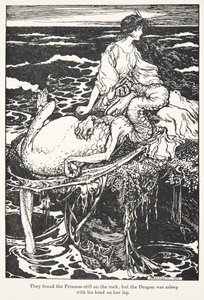 Ils trouvèrent la princesse encore sur le rocher, mais le dragon dormait la tête sur ses genoux, des Contes de fées des frères Grimm, pub. 1909 - Arthur Rackham