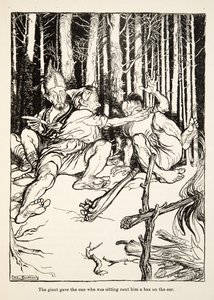 Le géant donna une gifle à celui qui était assis à côté de lui, de Petit Frère & Petite Sœur et autres contes par les frères Grimm, pub.1917 (litho) - Arthur Rackham