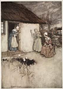 Les bonnes épouses du village ne manquaient jamais, dans leurs commérages du soir, de rejeter toute la faute sur Dame Van Winkle, de Rip Van Winkle par Washington Irving, pub. 1910 - Arthur Rackham