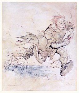 Le martèlement de ses grosses bottes devenait aussi continu que le crépitement des grêlons sur un toit, et le vent de son passage abattait des arbres de Le Carl du manteau drap dans Contes de fées irlandais - Arthur Rackham