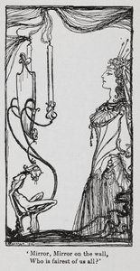 La méchante reine se regardant dans le miroir de Blanche-Neige