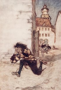 Puis il courut après lui, tenant toujours le couteau de cuisine, et cria : « Un seul, un seul ! », des Contes de fées des frères Grimm, pub. 1909
