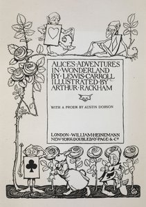 Page de titre avec un rosier, le Lapin Blanc et des hommes habillés en cartes - Arthur Rackham