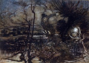 Deux personnages échouent à se noyer dans le marais, Puck les aide avec un feu. Illustration par Arthur RACKHAM pour Le Songe d