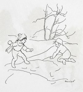 Deux enfants faisant une bataille de boules de neige - Arthur Rackham