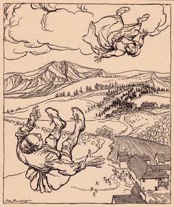 Quand son mari la vit, il cria : Hé ! viens ici. Illustration de Arthur Rackham du conte de fées de Grimm, Le Jeune Géant. - Arthur Rackham