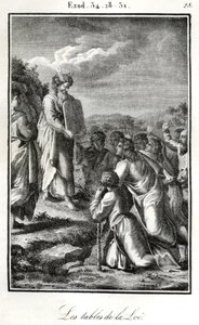 Bible, Moïse montrant les deux tablettes avec les dix commandements (gravure)