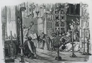 CHARLEMAGNE ou CHARLES I (742-814). Roi des Francs et des Lombards (768-814) et empereur romain germanique (800-814). Couronnement de Charlemagne comme empereur romain germanique (800). Gravure. - Artist Unknown