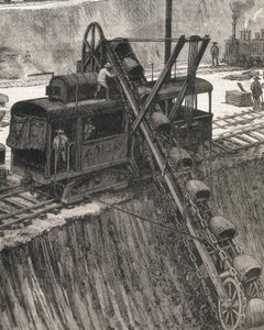 Construction du canal de Panama. Travaux de dragage dans le village de Culebra. Dessin original de Meltor Prior. Image publiée dans « The Illustrated London News ». Gravure.