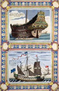 Navires marchands appartenant à la Compagnie néerlandaise des Indes orientales (gravure en couleurs) - Artist Unknown