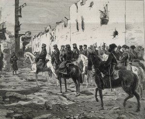 Espagne. La Première République (1873-1874). Canton de Carthagène. Le général José López Domínguez à Carthagène après la capitulation des cantonistes. Image publiée dans "La Ilustracion Española y Americana". Eau-forte.