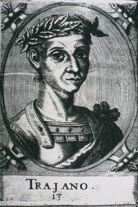 TRAJAN, Marcus Ulpius Traianus (53-117). Portrait de Trajan avec des lauriers. (détail)