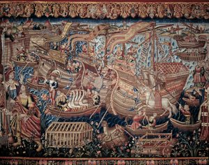 Le navigateur portugais Vasco de Gama (1459-1524) est arrivé à Calicut en Inde en 1498, détail, tapisserie - Artist Unknown