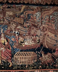 Le navigateur portugais Vasco de Gama (1459-1524) est arrivé à Calicut en Inde en 1498, détail, tapisserie - Artist Unknown