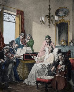 Wolfgang Amadeus Mozart (1756-1791) mourant, dirige un groupe de musiciens pour le Requiem qu