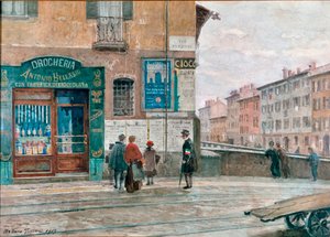 Milan, vue depuis le pont de Porta Vittoria (Verziere). Aquarelle par Arturo Ferrari (1861-1932) 1917. Milan, Museo di Milano