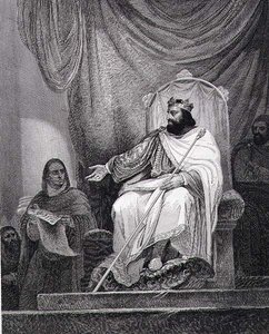 Charlemagne (742-814) émettant le capitulaire de Herstal en 779, gravé par Leclerc - Ary (after) Scheffer