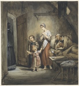 Homme malade au lit avec une femme et deux enfants à ses côtés - Ary Scheffer