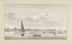 Grand radeau et divers navires sur la Merwede près de la maison de Merwe à Dordrecht