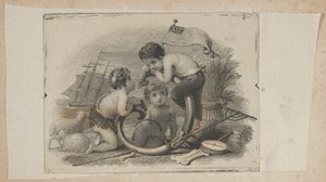 Vignette de billet de banque avec trois putti en tant que berger, fermier et marin, ca. 1824-37
