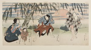 Acteurs Ichikawa Ebijuro I en Ukisu no Iwamatsu, Arashi Kitsusaburo II en fermier Josaku, Arashi Kitsuzo en Jokichi, et Sawamura Kunitaro II en Okinu, la femme de Josaku