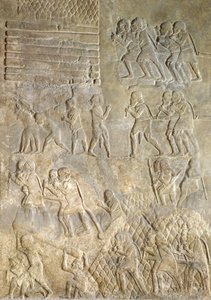 Relief représentant des porteurs apportant du bois à la côte pour le transport par mer. du Palais de Sargon II, Khorsabad, Irak