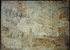 Relief représentant des navires transportant du bois, du palais de Sargon II, Khorsabad, Irak