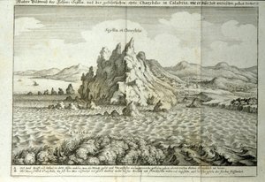 Vue des rochers de Charybde et Scylla dans le détroit de Messine, Sicile. Gravure de "Mundus Subterraneus" par Athanasius Kircher (1601-1680), jésuite, orientaliste et érudit 1682 - Athanasius Kircher