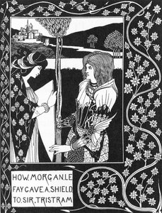 Légende arthurienne : La fée Morgane donne un bouclier à Tristan (gravure dans L
