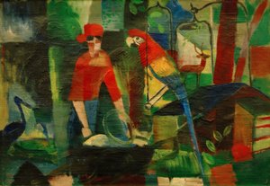Femme avec perroquet dans un paysage
