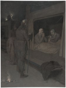 Njal, Bergthora et Thord Karisson décident de se laisser brûler vifs. Illustration pour la Saga de Njal, chap. 129 - August Malmström