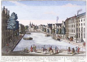 Vue du Canal Kleveniers, Amsterdam, c.1740-1770 (gravure coloriée à la main)