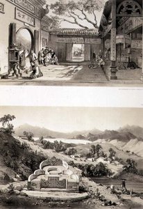 Vue intérieure du grand temple de Macao et une tombe et un village entre les baies de Hong Kong et Cowloon, planches 8 et 7 de 
