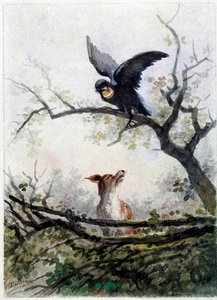 Le renard et le corbeau. Illustration de la fable de Jean de La Fontaine - Auguste Delierre