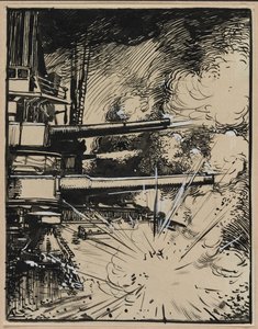 Bombe explosant sur un cuirassé aux canons braqués - Auguste Louis Lepère