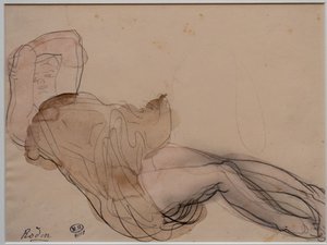 Femme allongée, à moitié nue, les bras croisés derrière la tête - Auguste Rodin