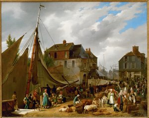Embarquement du bétail sur le navire " Le Passager " dans le port de Honfleur, France ...