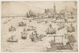 Jonas et la baleine sur un lac avec des voiliers, 1546