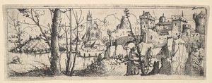 Paysage avec fort et une église sur une rivière, 1545 - Augustin Hirschvogel