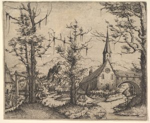 Paysage avec quatre arbres et une église à droite, 1545 - Augustin Hirschvogel