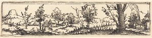 Paysage avec six arbres isolés et trois petites fermes - Augustin Hirschvogel