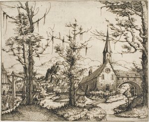 Paysage avec une église et un pont couvert - Augustin Hirschvogel