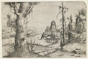Grand arbre et château sur un lac