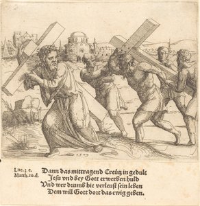 Un homme porte la croix après le Christ, 1549