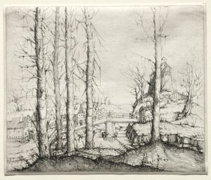Paysage fluvial avec cinq sapins nus au premier plan, 1549
