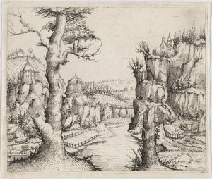 Paysage fluvial avec hautes falaises, 1546 - Augustin Hirschvogel
